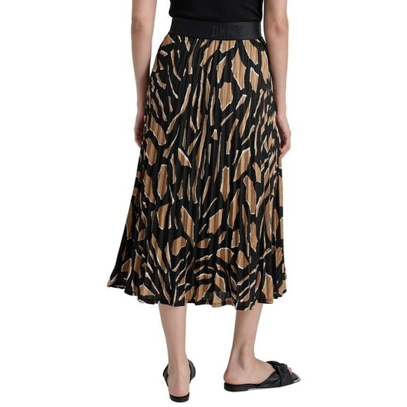 DKNY Women's Pull-On Printed Pleated Midi Skirt Black Brown L - Picture 4 of 10